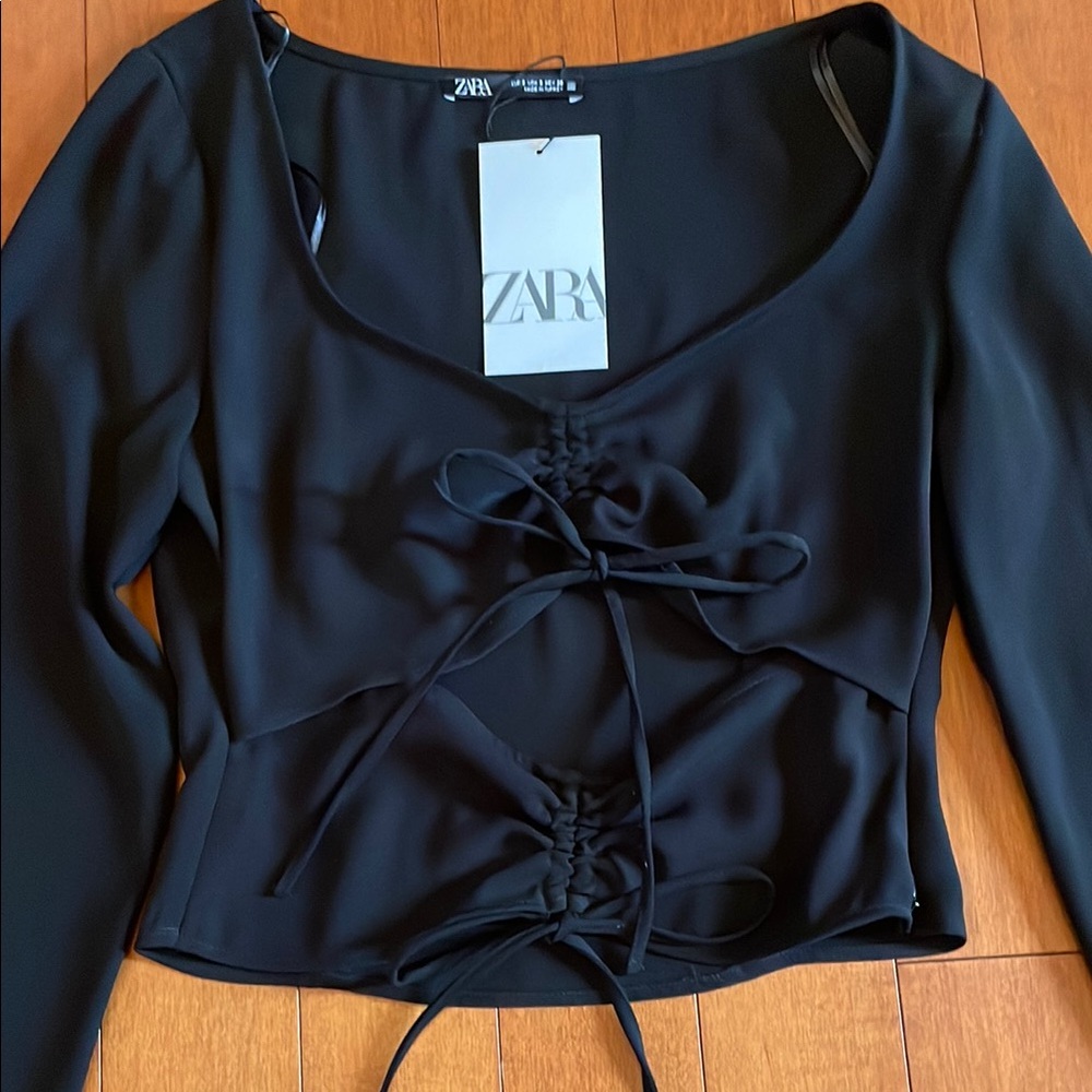 Zara Black Long Sleeve Crop Blouse with Tie Front